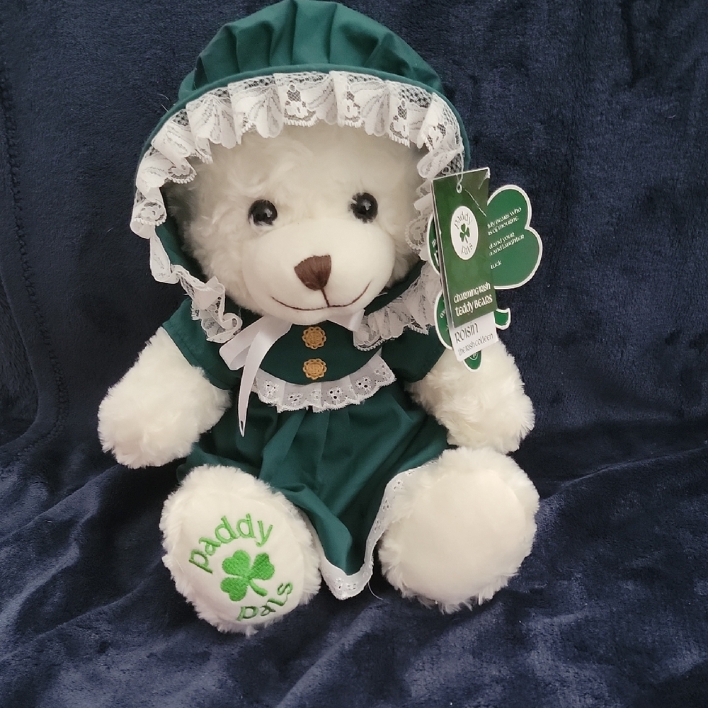 Green and White Teddy Bear with Bonnet